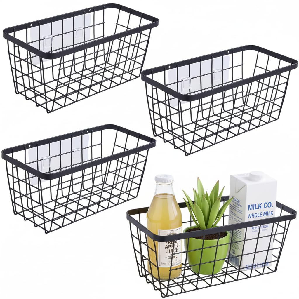 3 Set LeleCAT Adhesive Over the Cabinet Door Wire Baskets for Organizing for Kitchen Food Pantry Bathroom Shelf Storage No Drilling Wall Mounted,Black