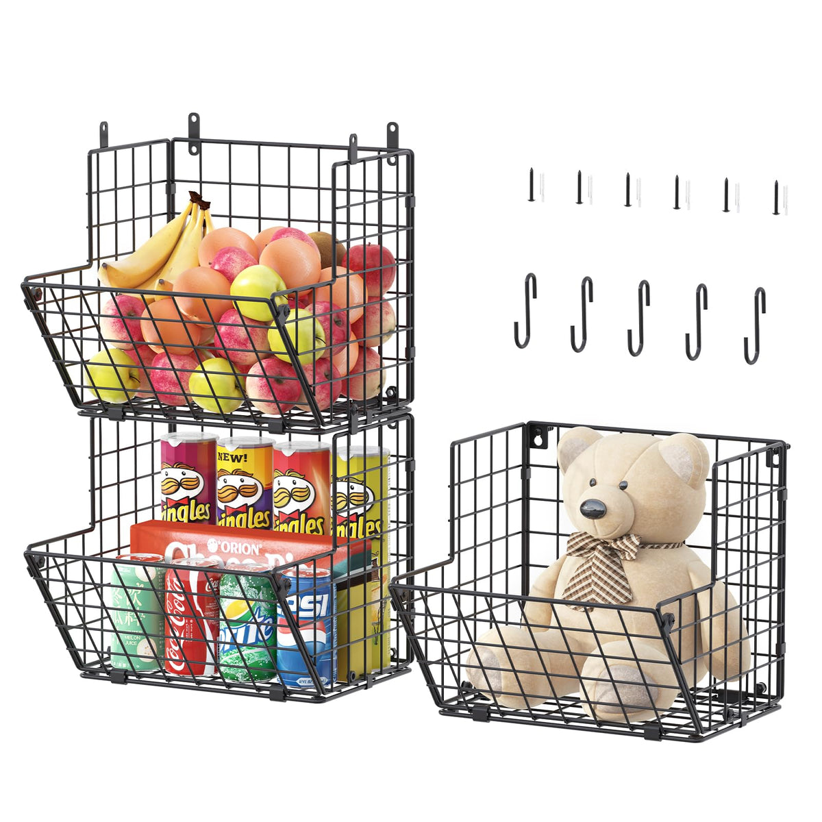 X-cosrack Metal Wire Basket Wall Mount, 4 Tier Extra Large Wall Storage Basket Organizer with Chalkboards, Kitchen Fruits and Vegetables Produce Bin Rack Toys Organizer Bathroom Tower Baskets (Black)