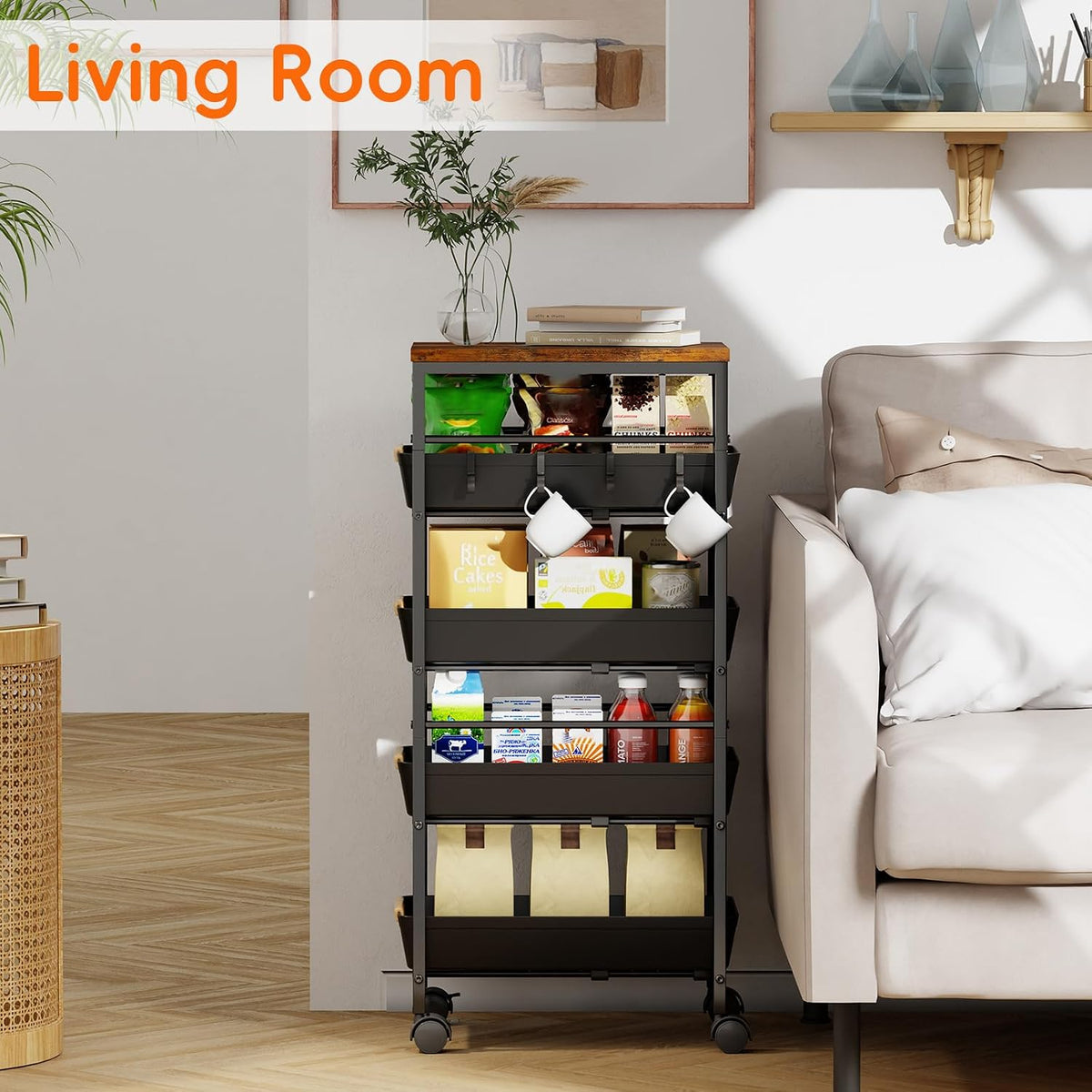 5-Tier Kitchen Storage Cart, Wood Top Rolling Cart Organizer with Pull-Out Baskets & Wheels, Metal Snack Cart with Holder for Fruit, Vegetable, Microwave, Kitchen, Pantry, Black
