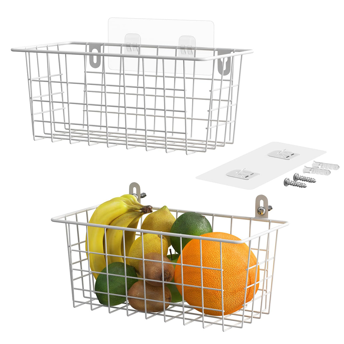 MaraFansie Wall Wire Baskets Bin No Drilling Adhesive Hanging Baskets Wall Mounted for Cabinet & Pantry Organization and Kitchen, Bathroom, Bedroom Storage, 2 Pack, White