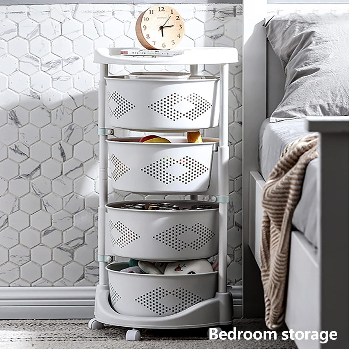 Rotating Storage Shelves Rack, Fruit Vegetable Basket for Kitchen, Kitchen Rotating Storage Rack with Wheels, Removable Roller Grocery Basket Shelf for Corns Potato (Four Layer Storage Basket), White