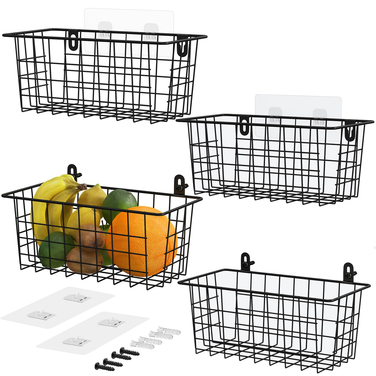 MaraFansie Wall Wire Baskets Bin No Drilling Adhesive Hanging Baskets Wall Mounted for Cabinet & Pantry Organization and Kitchen, Bathroom, Bedroom Storage, 2 Pack, White