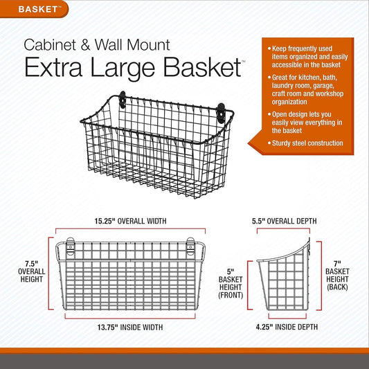 Spectrum Extra Large Wire Wall Mount Storage Basket Industrial Gray, Vintage Wire Basket Wall Mount Organizer Modern for Pantry Kitchen and Bath, Versatile Wall Mount Storage Basket Wire Caddy