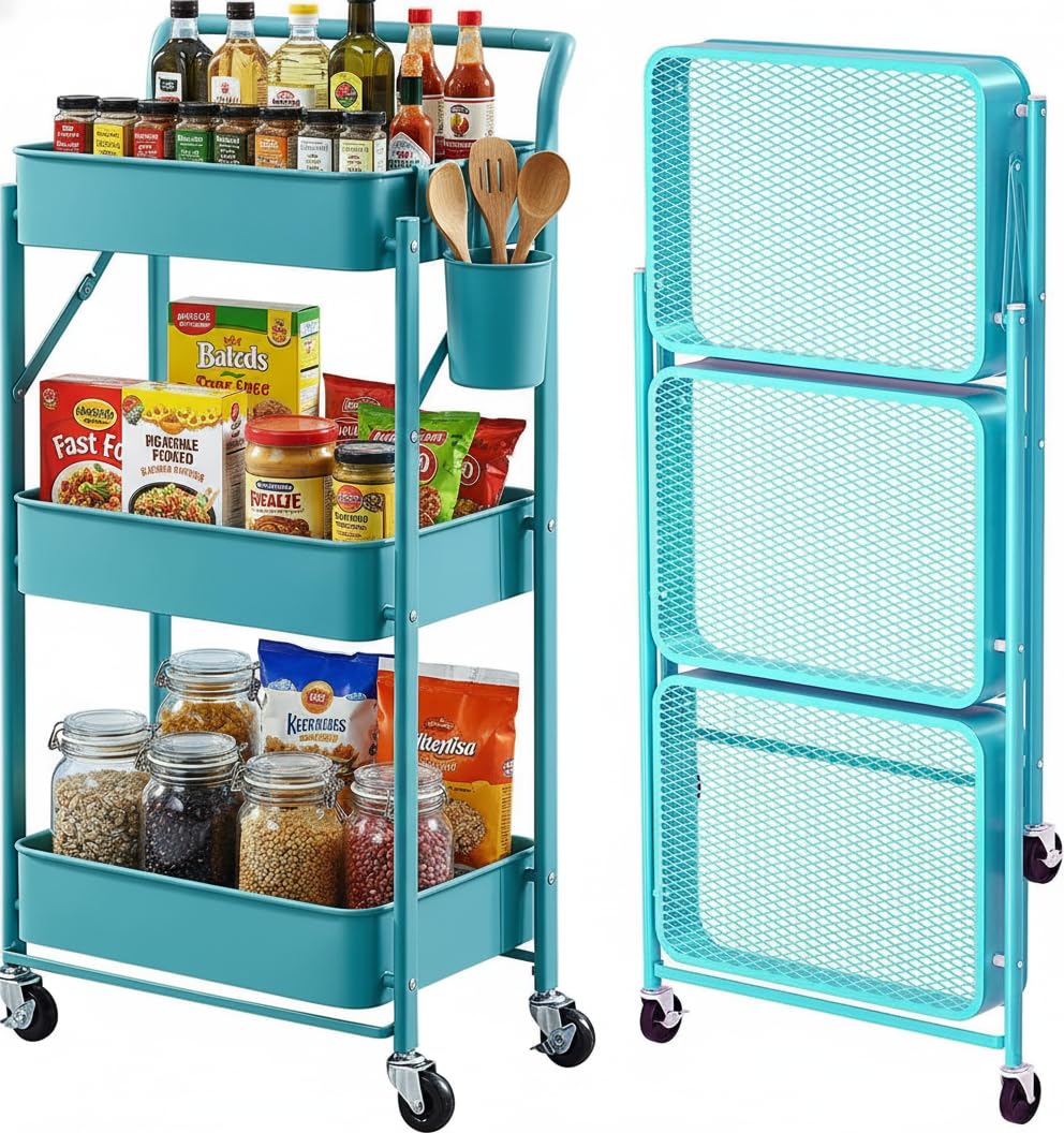 Foldable Rolling Cart 3-Tier Small Foldable Utility Storage Cart Multifunctional Metal Storage Bin Heavy Duty Organizer Carts with Rolling Wheels for Home Office (Black)