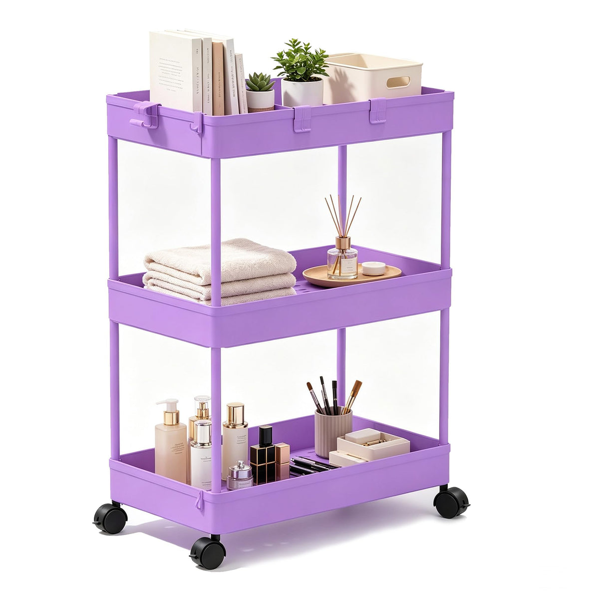 SPACELEAD 3 Tier Rolling Cart with Wheels, Storage Craft Art Trolley Organizer Serving, 3 Hanging Baskets Easy Assembly, for Office, Bathroom，Living Room, Kitchen, White