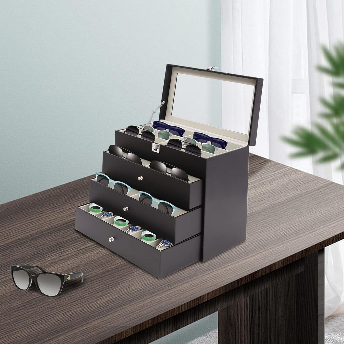 Ringmaster 4 Layer 27 Slots Eyeglasses Storage Box Sunglasses Glasses Dustproof Display Case,Carbon Fiber Eyeglass Holder,Glasses Organizer Case with Drawer Lockable