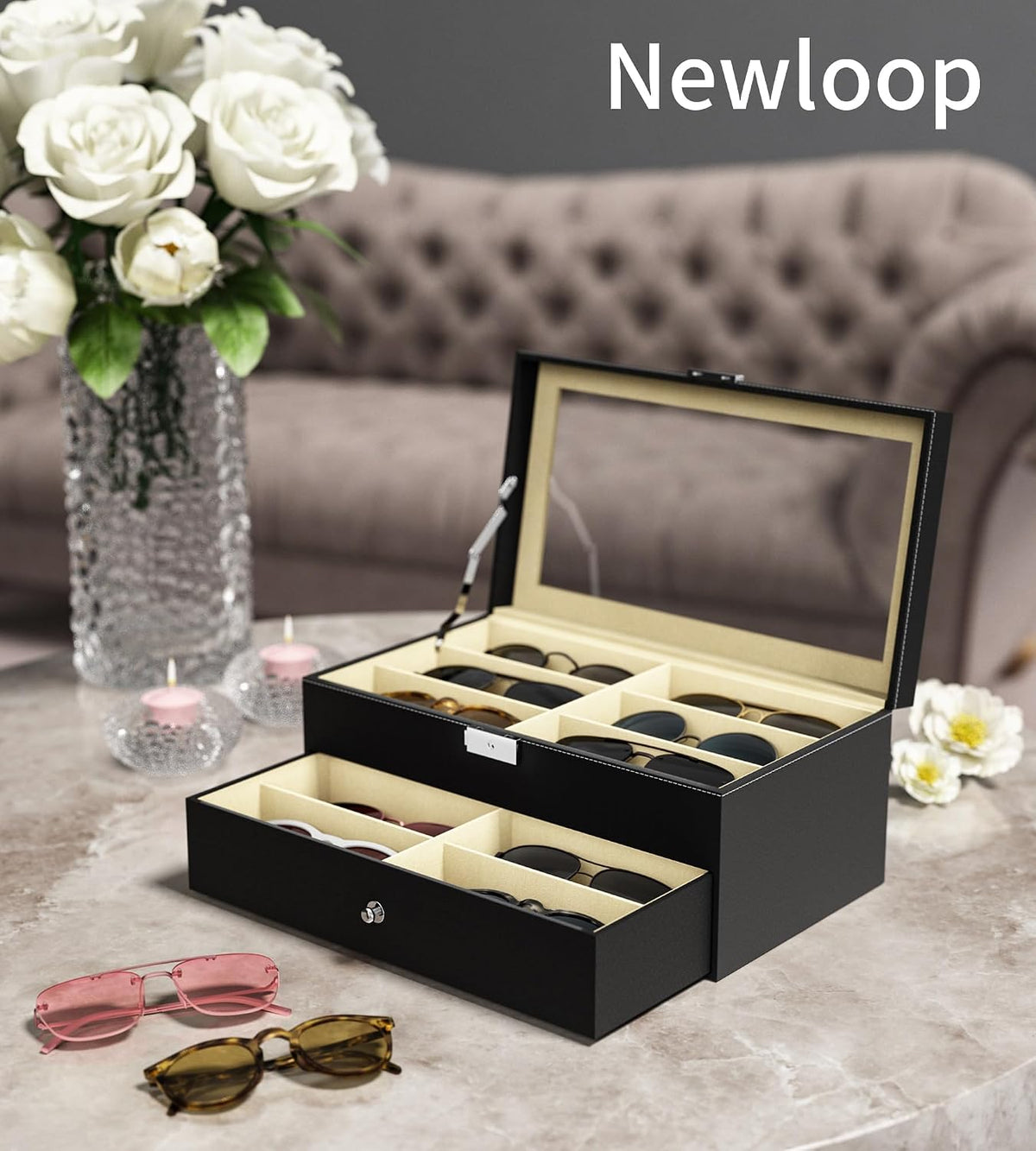 NEWLOOP 10/30 Slots Sunglass Organizer for Multiple Pairs of Eyeglass See-through Display Case Storage Box for Women Men