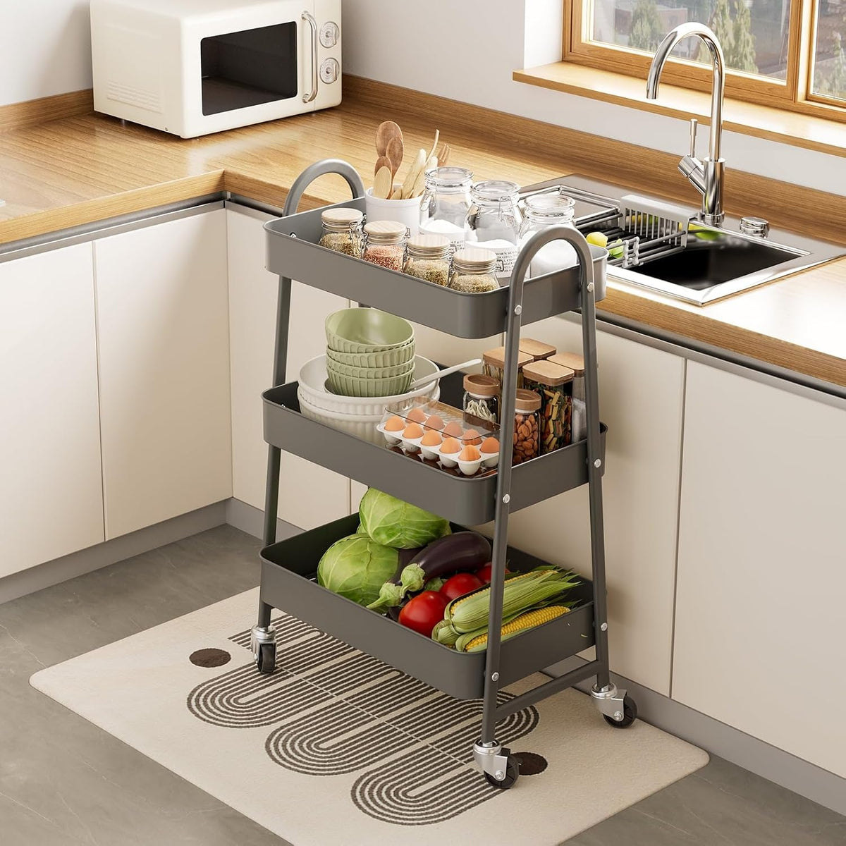 3 Tier Rolling Storage Cart with Lockable Wheels and Handle, Multi Purpose Utility Organizer Cart with Shelves for Kitchen Bathroom Office, Mobile Storage Trolley with Durable Frame