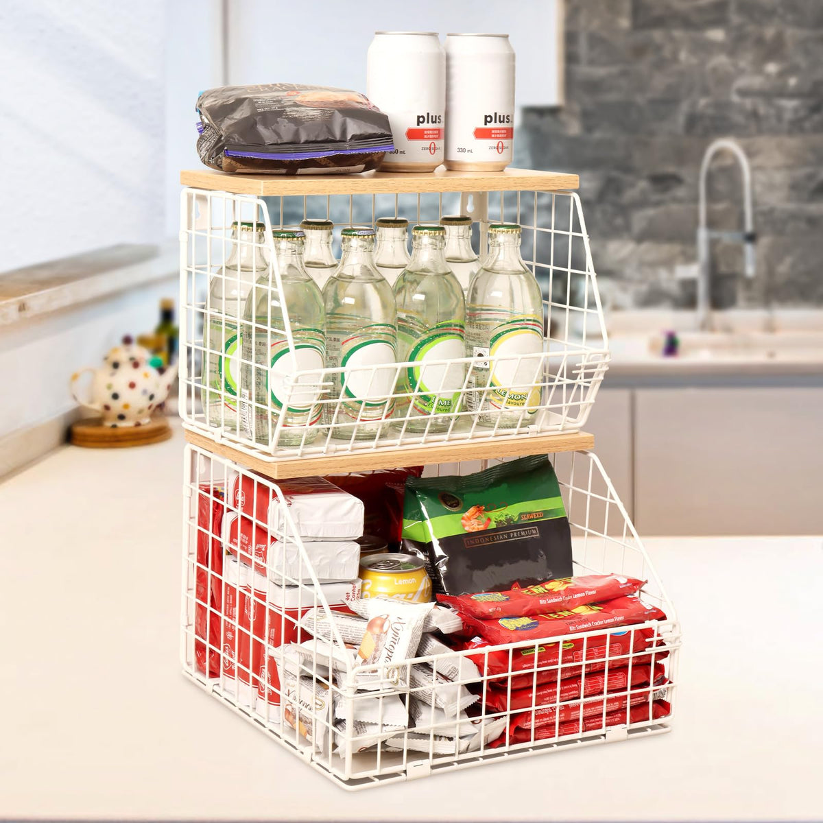 Mefirt 2pcs Fruit Basket Kitchen Storage Basket with Wood Lid