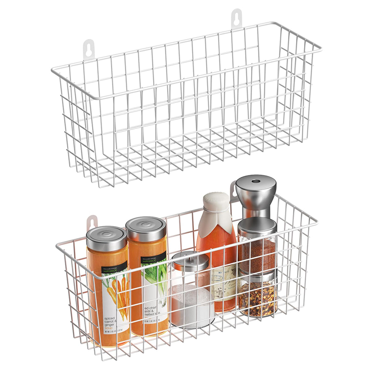 MaraFansie [Extra Large Wire Basket 2-Pack Hanging Wall Organizer Cabinet Storage Basket Wall Mounted Shelves Rustic Farmhouse Decor for Home Kitchen Bathroom, White