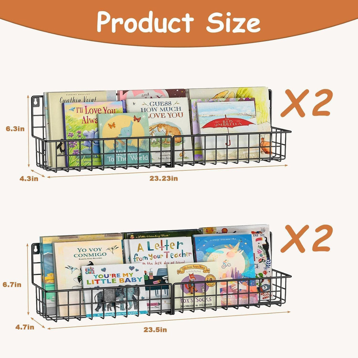X-cosrack 23.5 Inch Wall Mounted Kids Bookshelf, Floating Metal Book Shelves for Kids Nursery Toddler Classroom, Hanging Book Shelf Organizer for Room Decor, Black, Set of 4