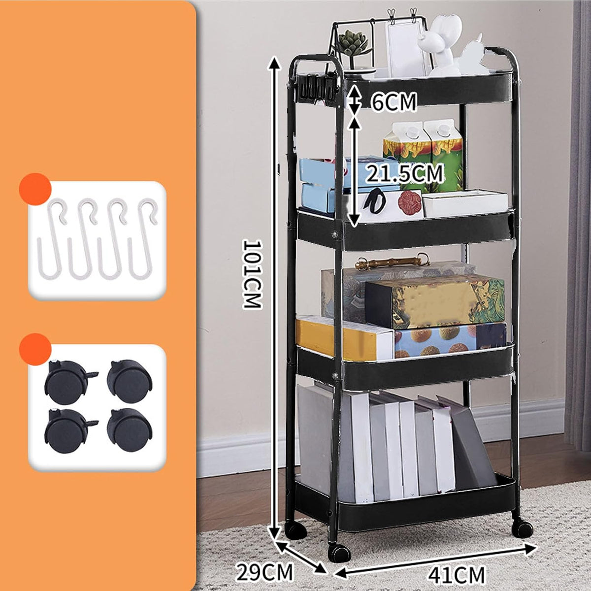 3 Tier Utility Rolling Cart, Movable Storage Organizer Trolley with Caster Wheels, Carbon Steel Multifunctional Shelving Cart for Kitchen Bathroom Bedroom (4 Layers)