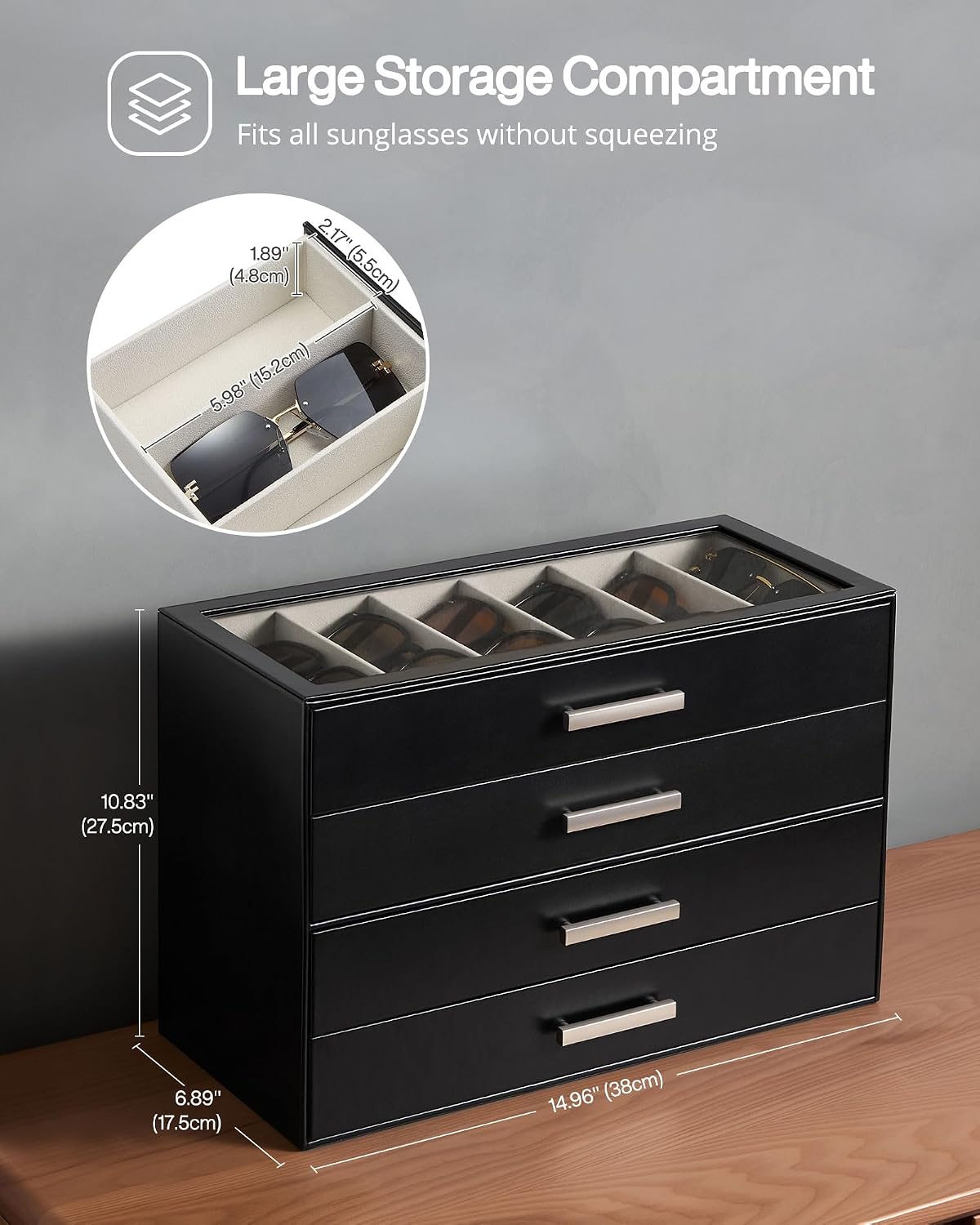 ProCase Sunglasses Organizer Box with Clear Glass Lid, PU Leather Eyeglass Storage Display Case for Men and Women