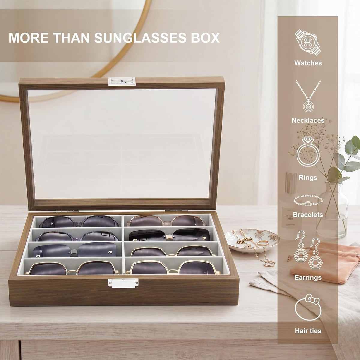 8 Slots Sunglass Organizer, PU Leather Eyewear Display Tray