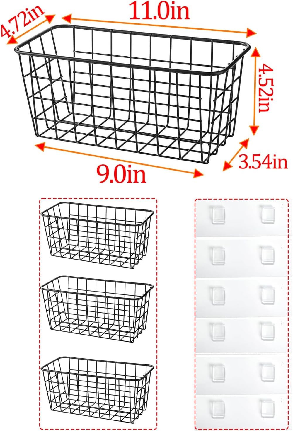 3 Set LeleCAT Adhesive Over the Cabinet Door Wire Baskets for Organizing for Kitchen Food Pantry Bathroom Shelf Storage No Drilling Wall Mounted,Black