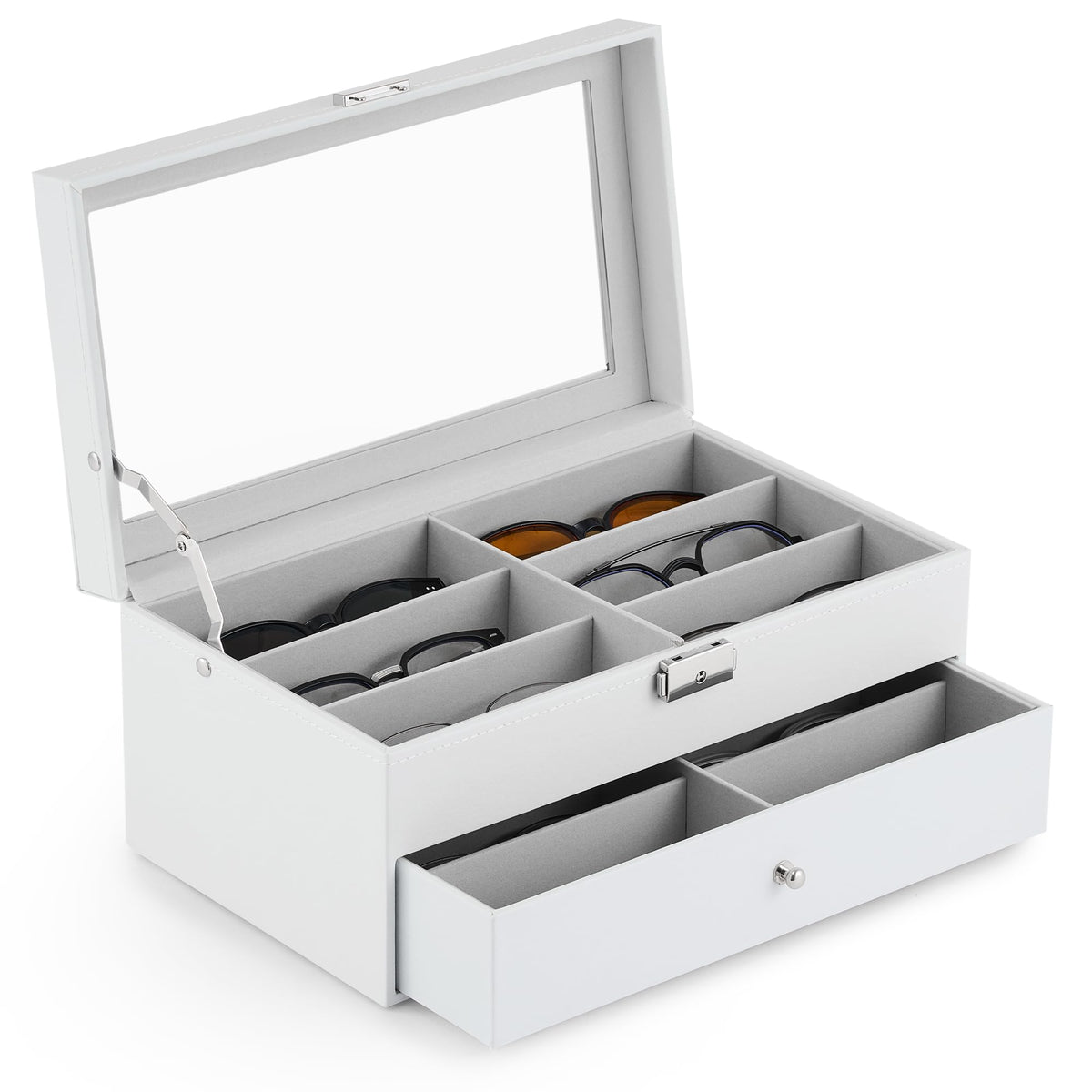CO-Z Sunglasses Organizer with 12 Slots, Multiple Eyeglasses Eyewear Display Case for Women Men, 2 Story Leather Multi Sunglasses Jewelry Collection Holder with Drawer