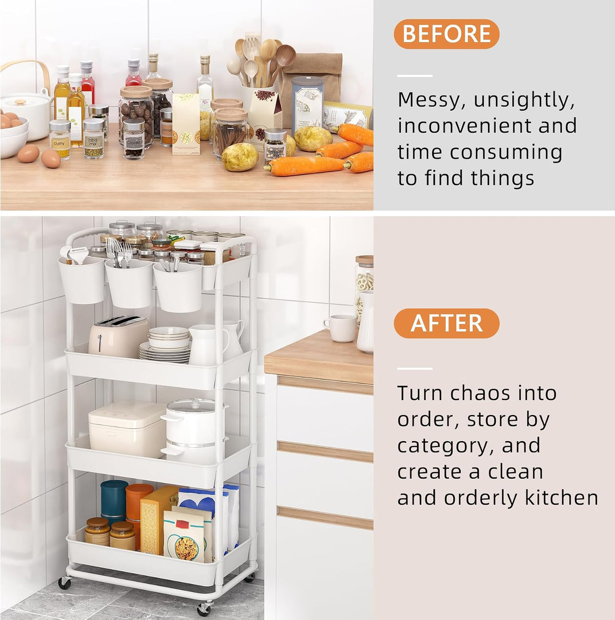JIUYOTREE 4-Tier Plastic Rolling Storage Cart Utility Cart White