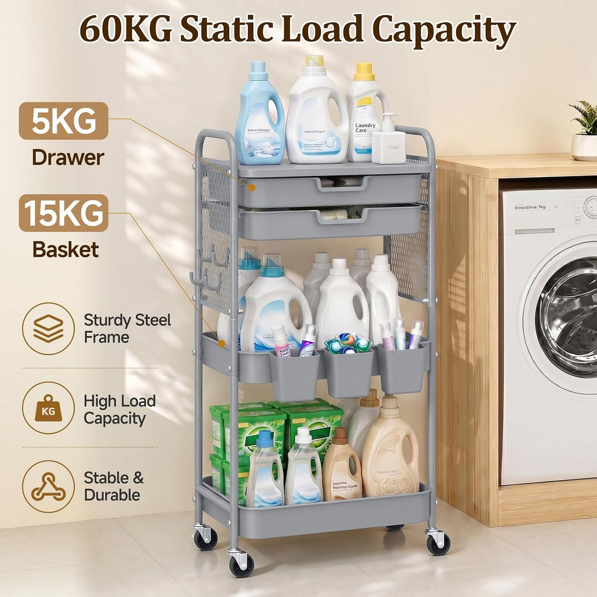 3 Tier Rolling Cart with 2 Drawers, Metal Utility Storage Carts with Wheels