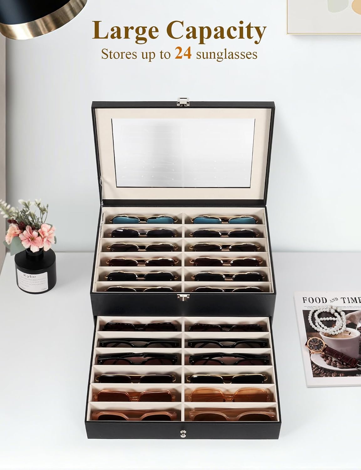 Sunglasses Storage Organizer Case with 24 Adjustable Slots, 2 Layer Multi Eyeglass Glasses Display Box with Lid Women