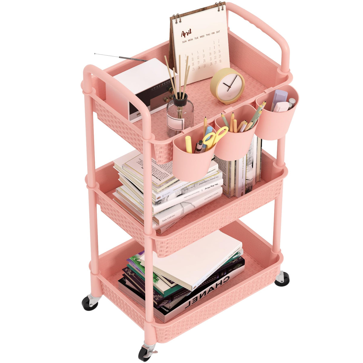 MOYIPIN 3-Tier Plastic Rolling Utility Cart with Handle,Utility Storage Cart for Office, Living Room, Kitchen,Movable Storage Organizer Shelves,White