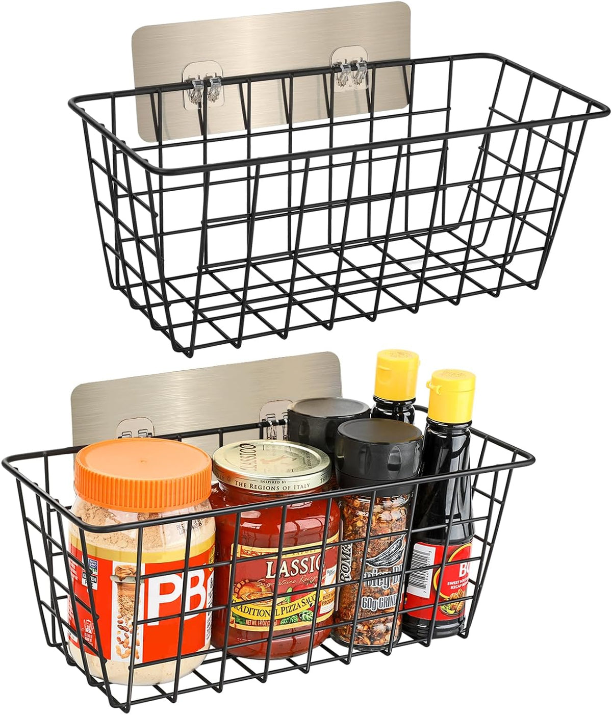 2 Pack Hanging Wall Basket Wire Storage Baskets, Adhesive Basket for Cabinet Door Organizer No Drilling, Hanging Fruit Baskets for Kitchen, Pantry Organization, Bathroom, Black