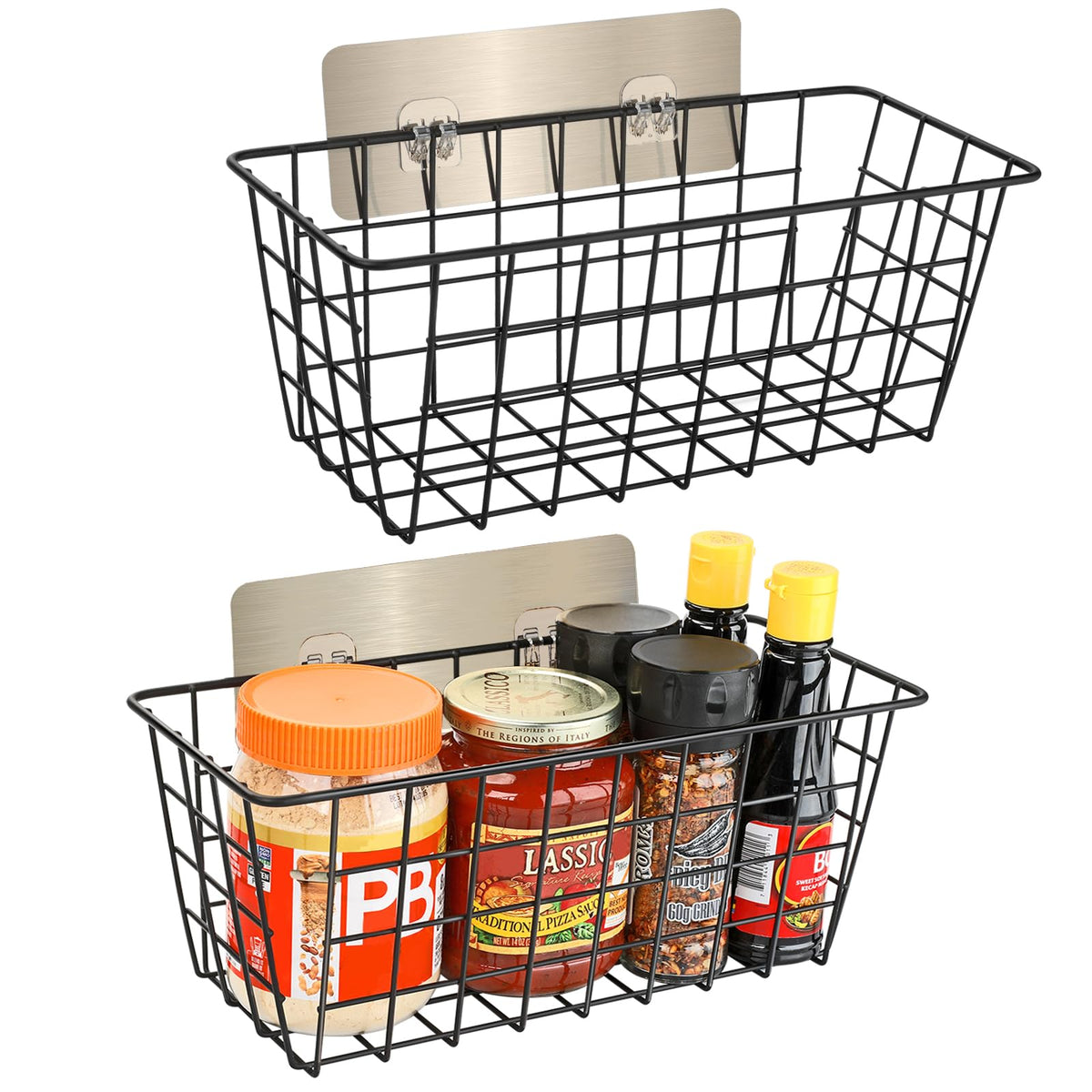 2 Pack Hanging Wall Basket Wire Storage Baskets, Adhesive Basket for Cabinet Door Organizer No Drilling, Hanging Fruit Baskets for Kitchen, Pantry Organization, Bathroom, Black