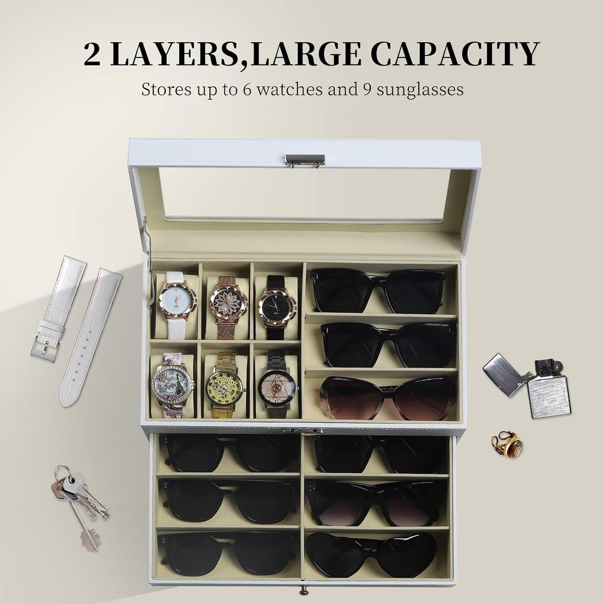 AUTOARK Leather 6 Watch Box & 9 Eyeglasses Storage Case,White,AW-131