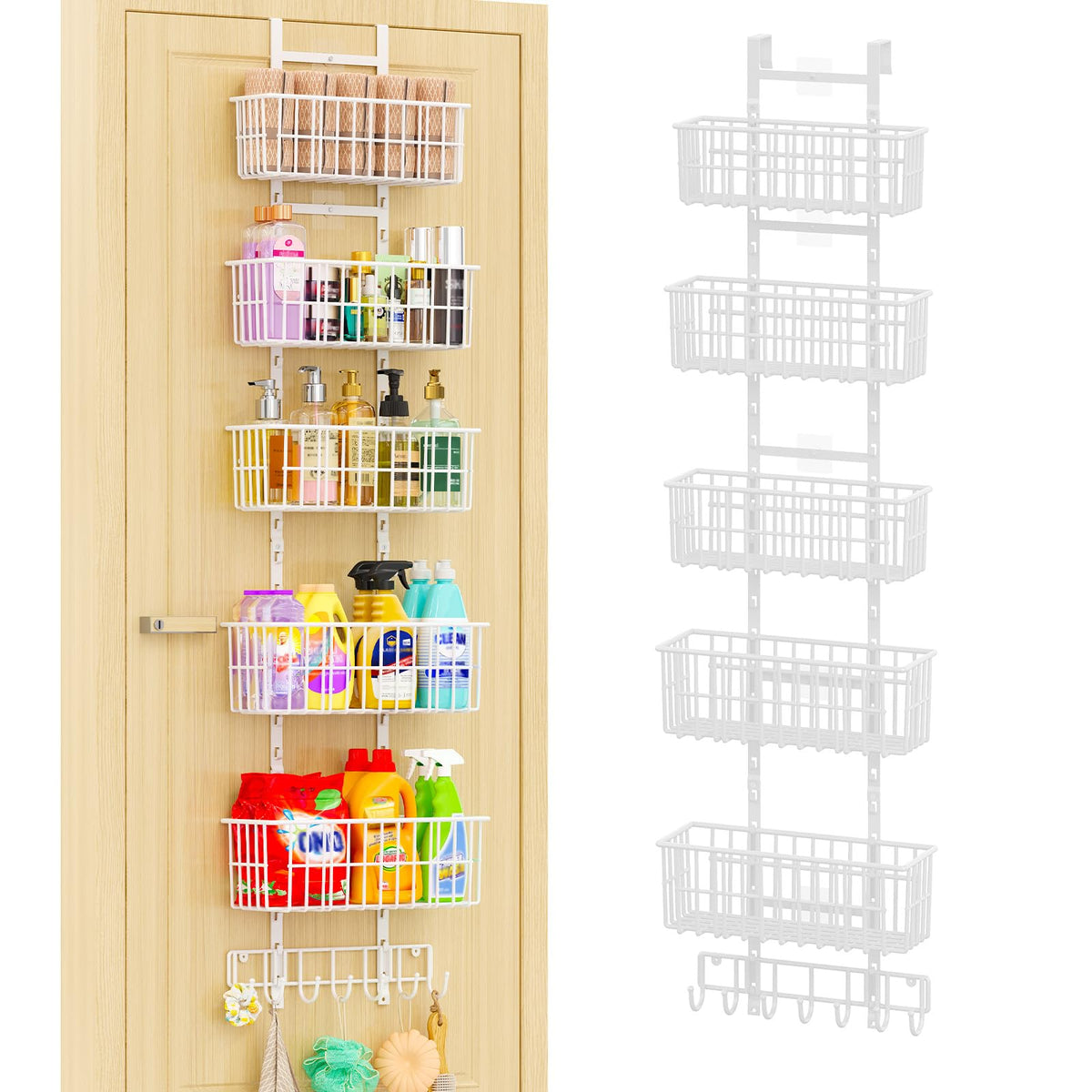 Hongtamoya Adjustable Over the Door Organizer, Metal Hanging Door Organizer with 5 Wire Basket 7 Hooks, Wall Mounted Shelf for Pantry Laundry Organization and Storage, Black