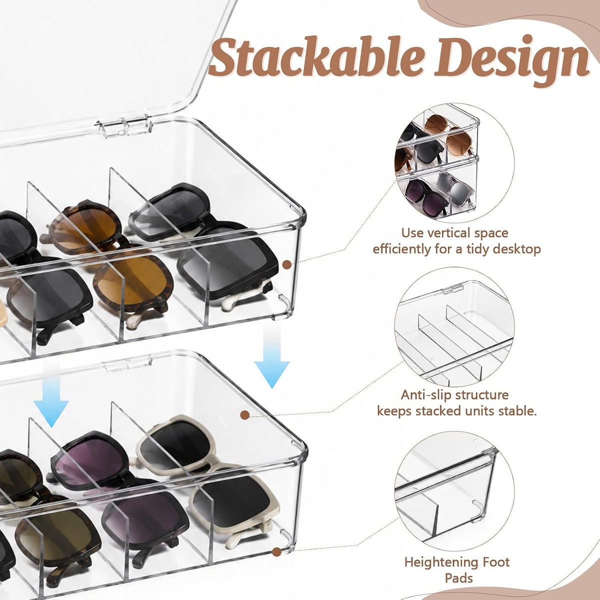2 Pcs Clear Stackable Plastic Sunglasses Organizer Case 5 Compartments