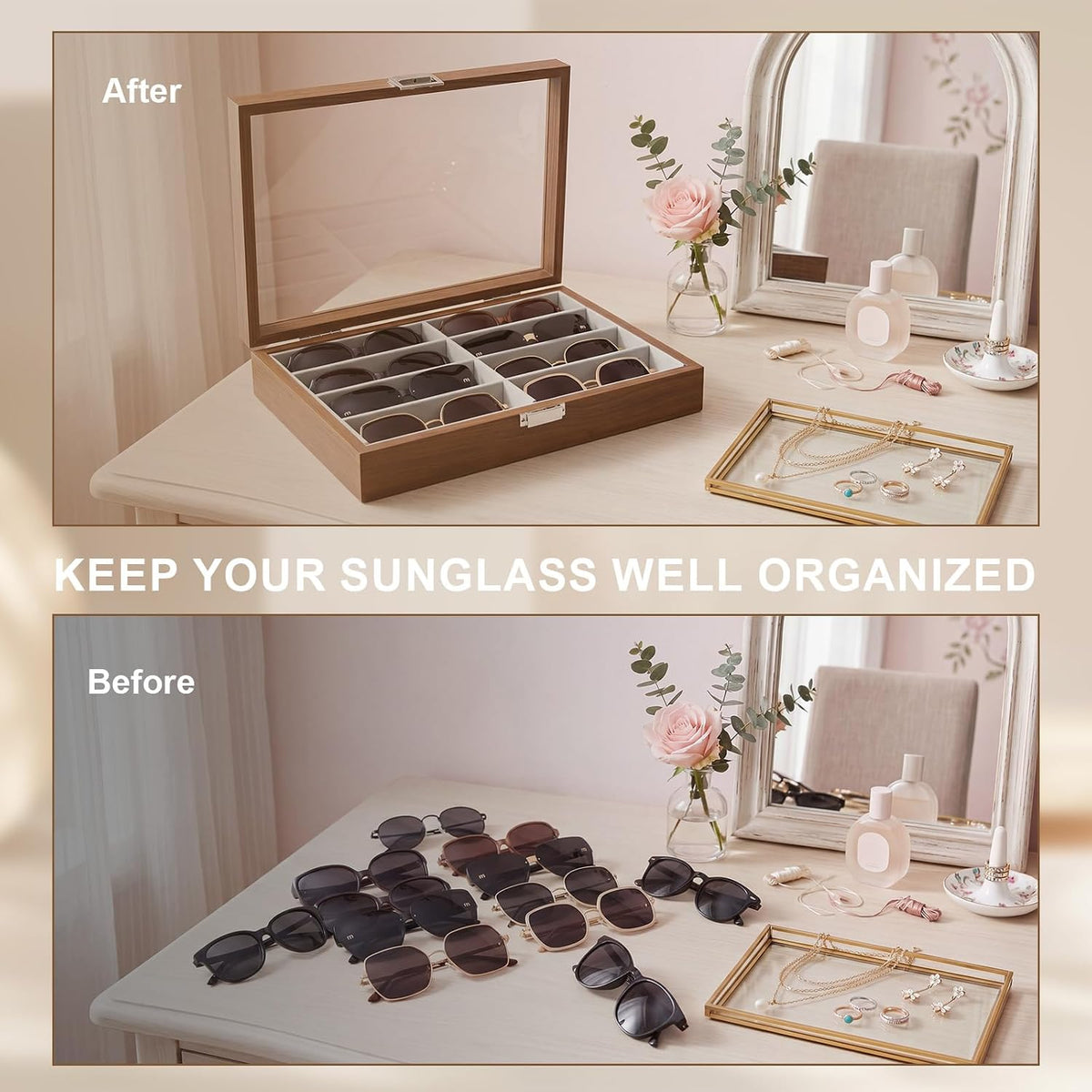 8 Slots Sunglass Organizer, PU Leather Eyewear Display Tray