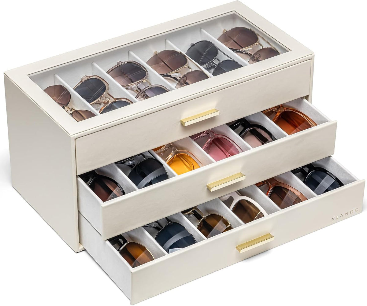 VLANDO 18-Slot Sunglasses Organizer Case with Clear Lid & 3 Drawers,Beige