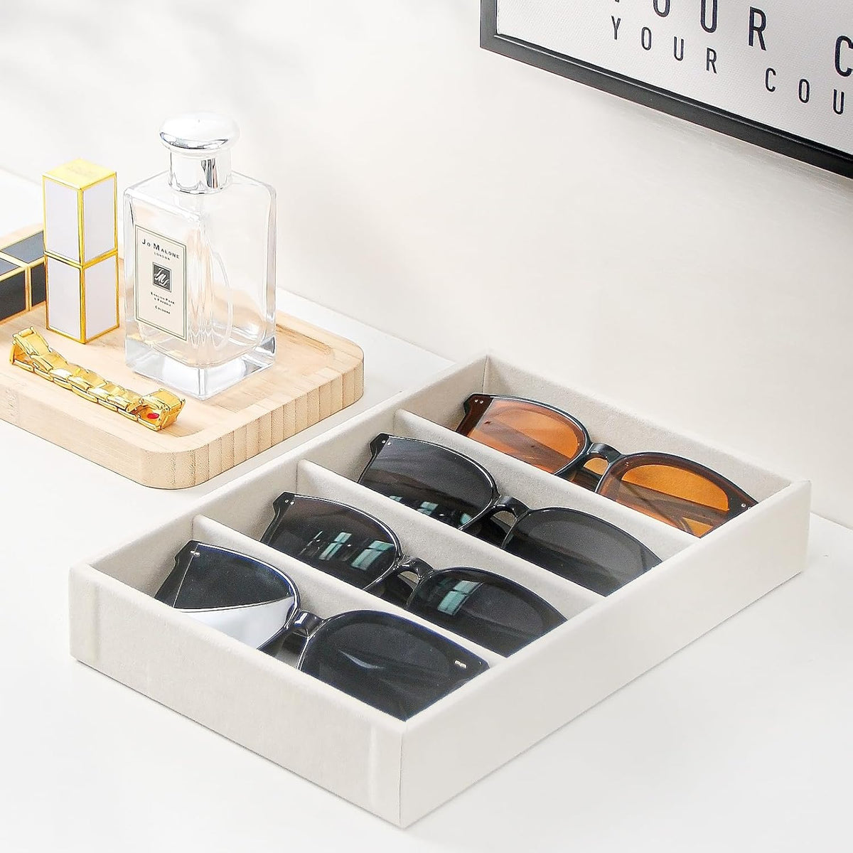 Byken 2 Pcs Sunglasses Organizer,4 Grid Eyeglass Jewelry Storage Tray for Drawer,Beige White