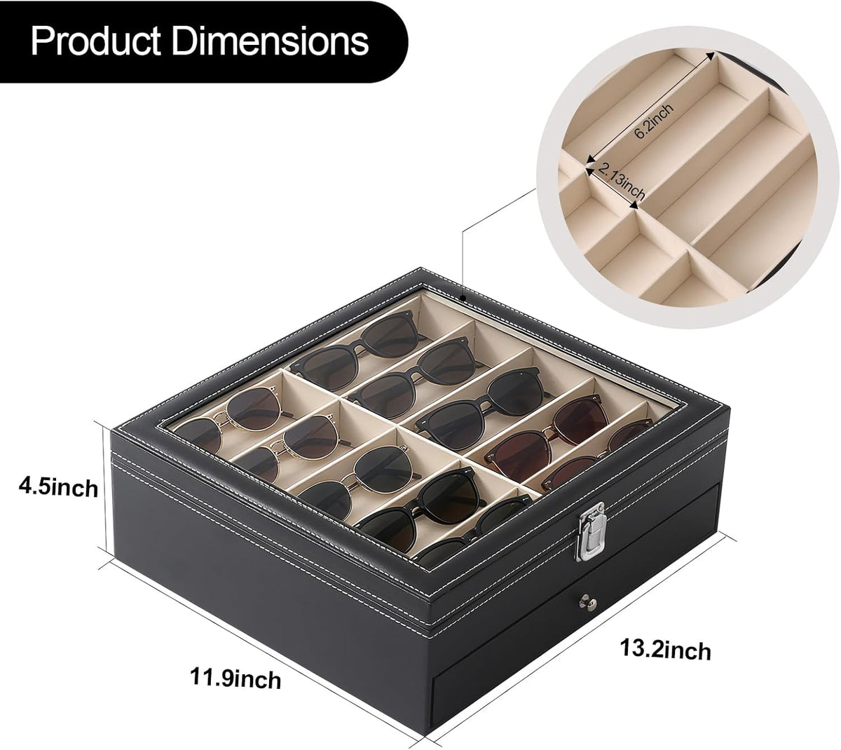 20 Slots Sunglasses Storage Jewelry Box, PU Leather Large Sunglasses Organizer Case Holder with Clear Lid