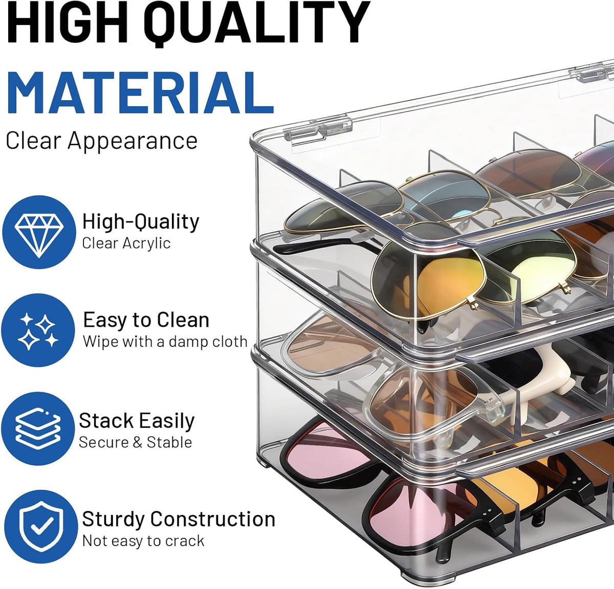 Ewen Clear Acrylic Stackable Sunglasses Case, Eyeglass Display Watches Sunglasses Makeup Organizer