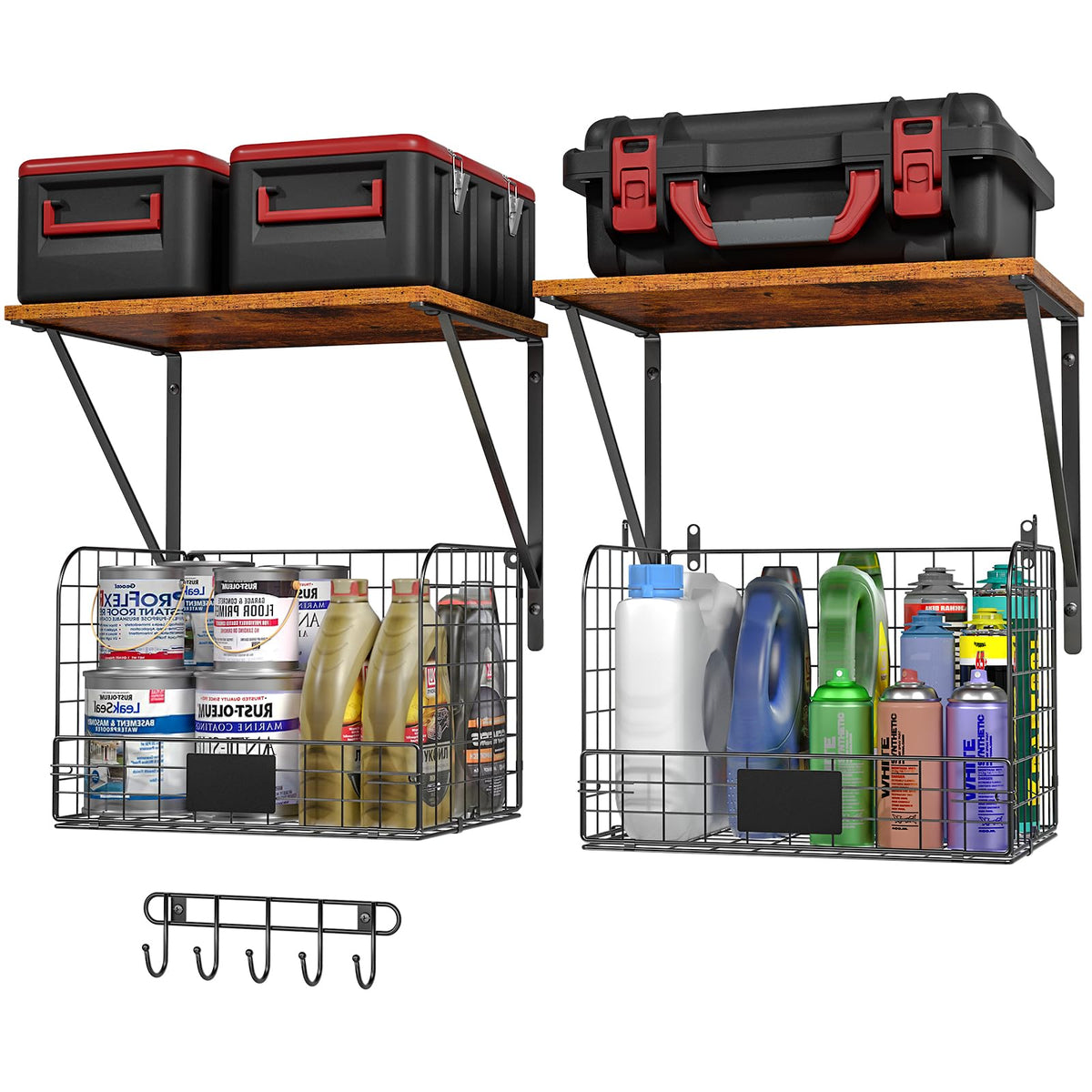 ThreeHio 2 Pack Garage Shelves Wall Mounted with Wire Baskets, Heavy Duty Garage Wall Shelving with Hooks, Wire Shelf Baskets Tool Organizer for Home Garden Garage Organization and Storage