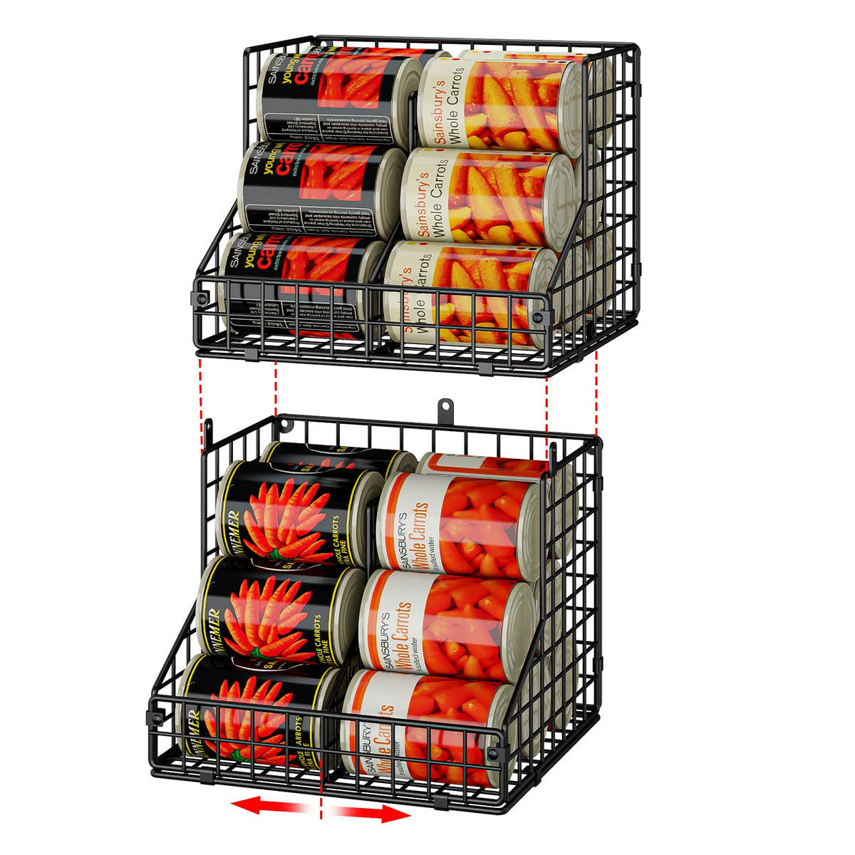 JKsmart 2 Pack Stackable Can Rack Organizer for Pantry Storage,Can Dispensers with 4 Adjustable Dividers, 2-Tier Metal Wire Basket Beverage Pop Soda Rack for Kitchen Cabinet Pantry, Black