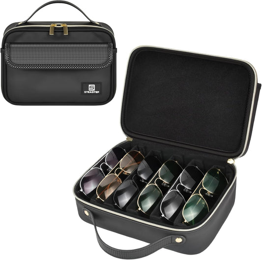 Travel Sunglasses Organizer Case with Adjustable Dividers for 6 Pairs-Portable Eyeglasses Storage Box for Men & Women