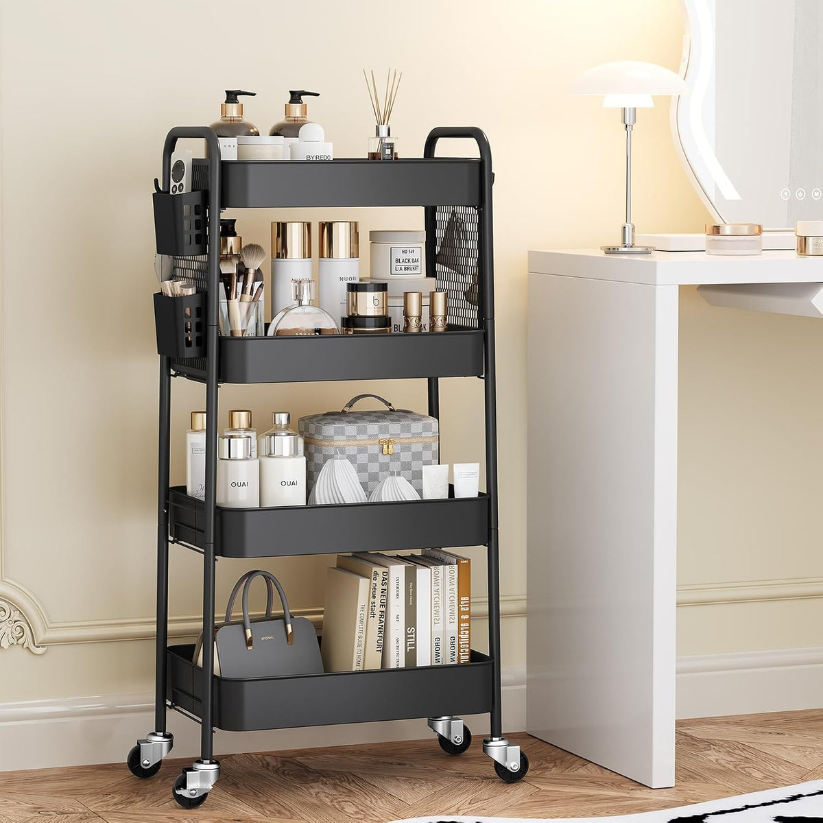TOOLF 4 Tier Rolling Cart, Metal Utility Storage Cart with Pegboard, Black