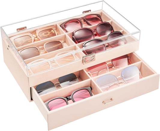 ProCase 12 Slots Acrylic Clear Top Sunglass Organizer, 2 Layers Eyeglasses Case Multi Pairs Storage Eyewear Display Holder with Transparent Lid and Drawer -Champagne