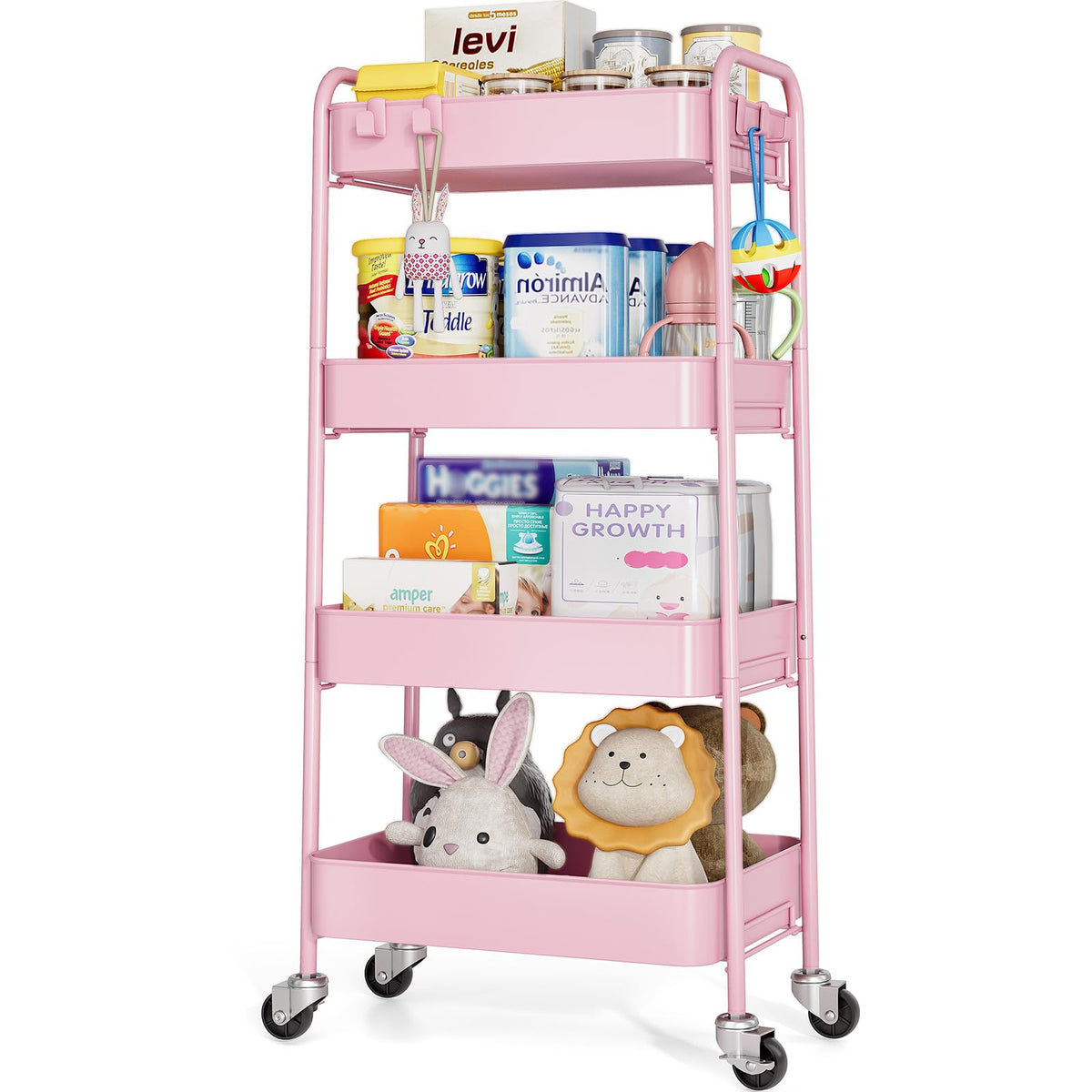 TOOLF 4 Tier Metal Rolling Cart, Utility Storage Cart with Wheels, Black
