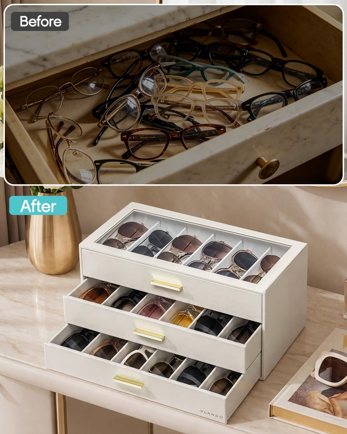 VLANDO 18-Slot Sunglasses Organizer Case with Clear Lid & 3 Drawers,Beige