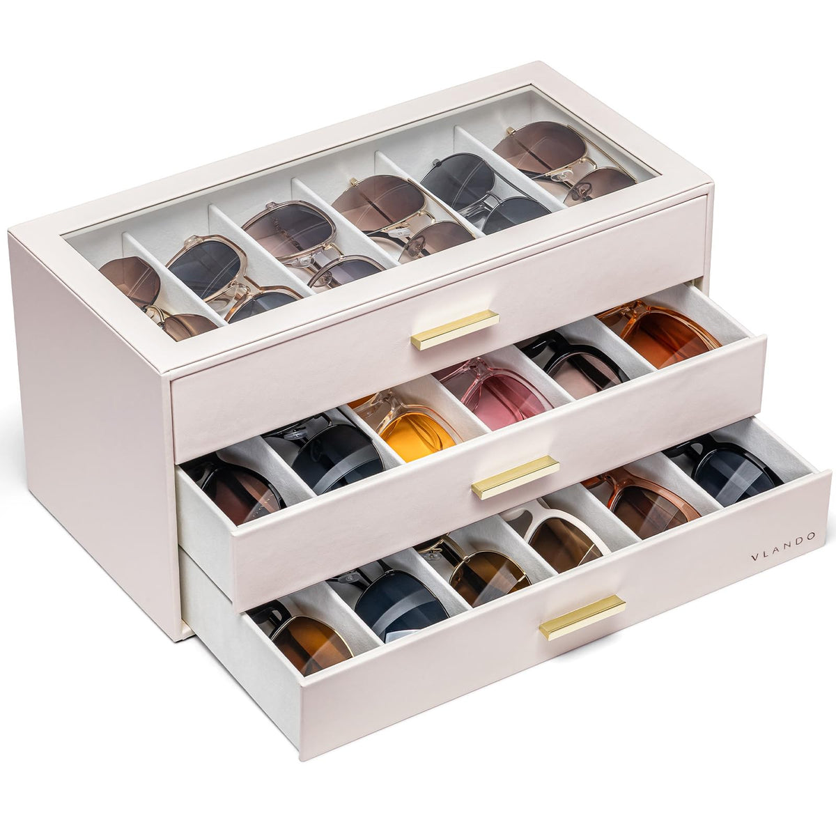 VLANDO 18-Slot Sunglasses Organizer Case with Clear Lid & 3 Drawers,Beige