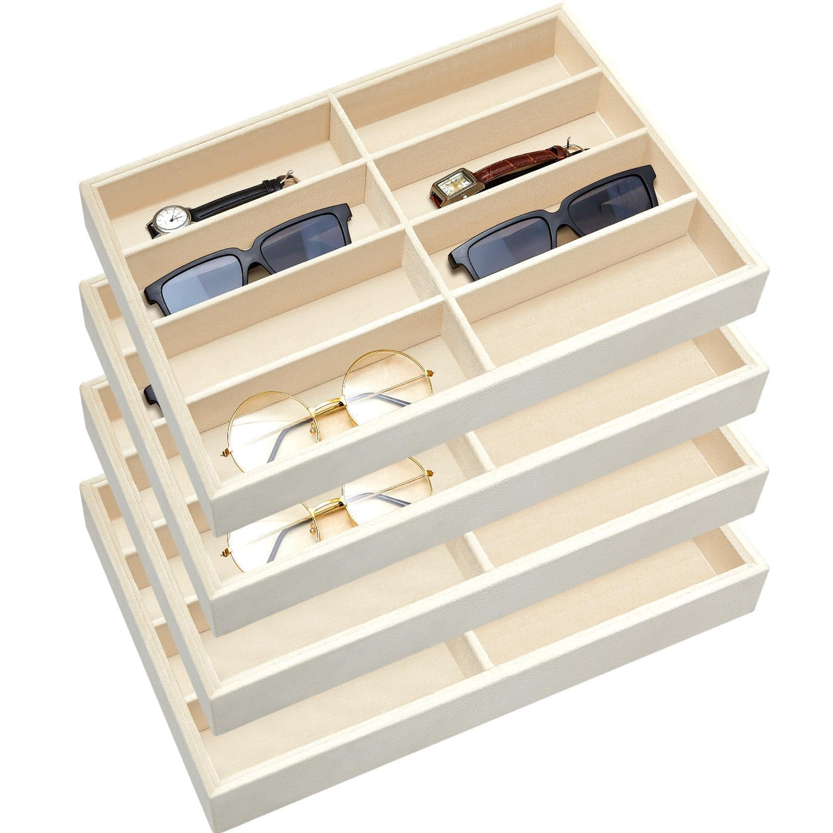Amylove 4 Pcs Gray Sunglass Organizer Trays 4 Grids Velvet Glasses Holder Jewelry Display Organizer Eyeglasses Storage Box Drawer