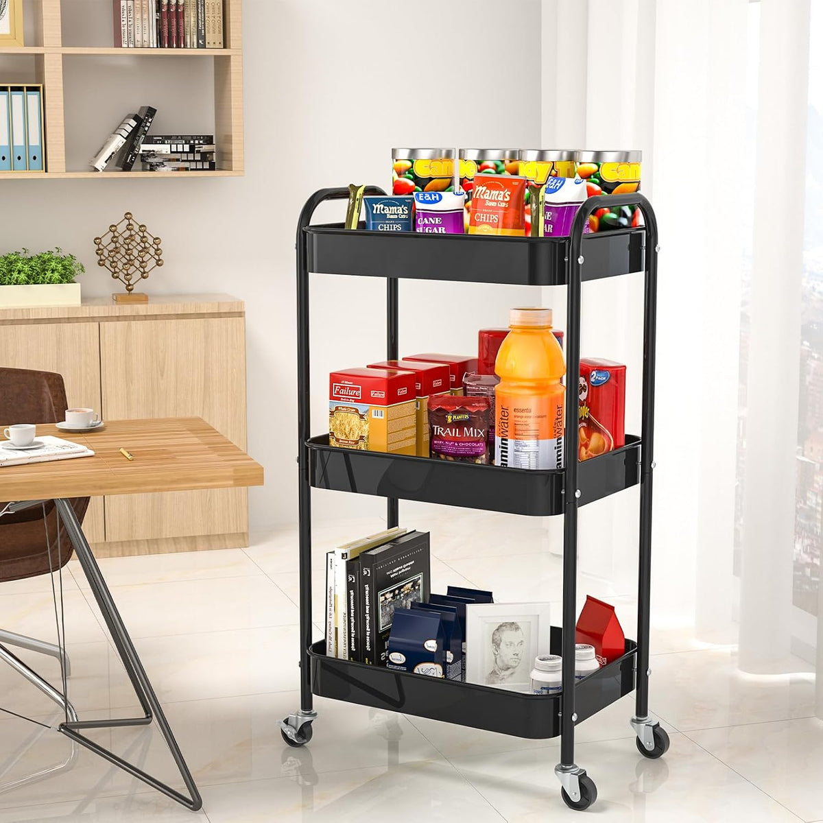 3-Tier Rolling Cart, Metal Utility Storage Carts with Wheels, Black