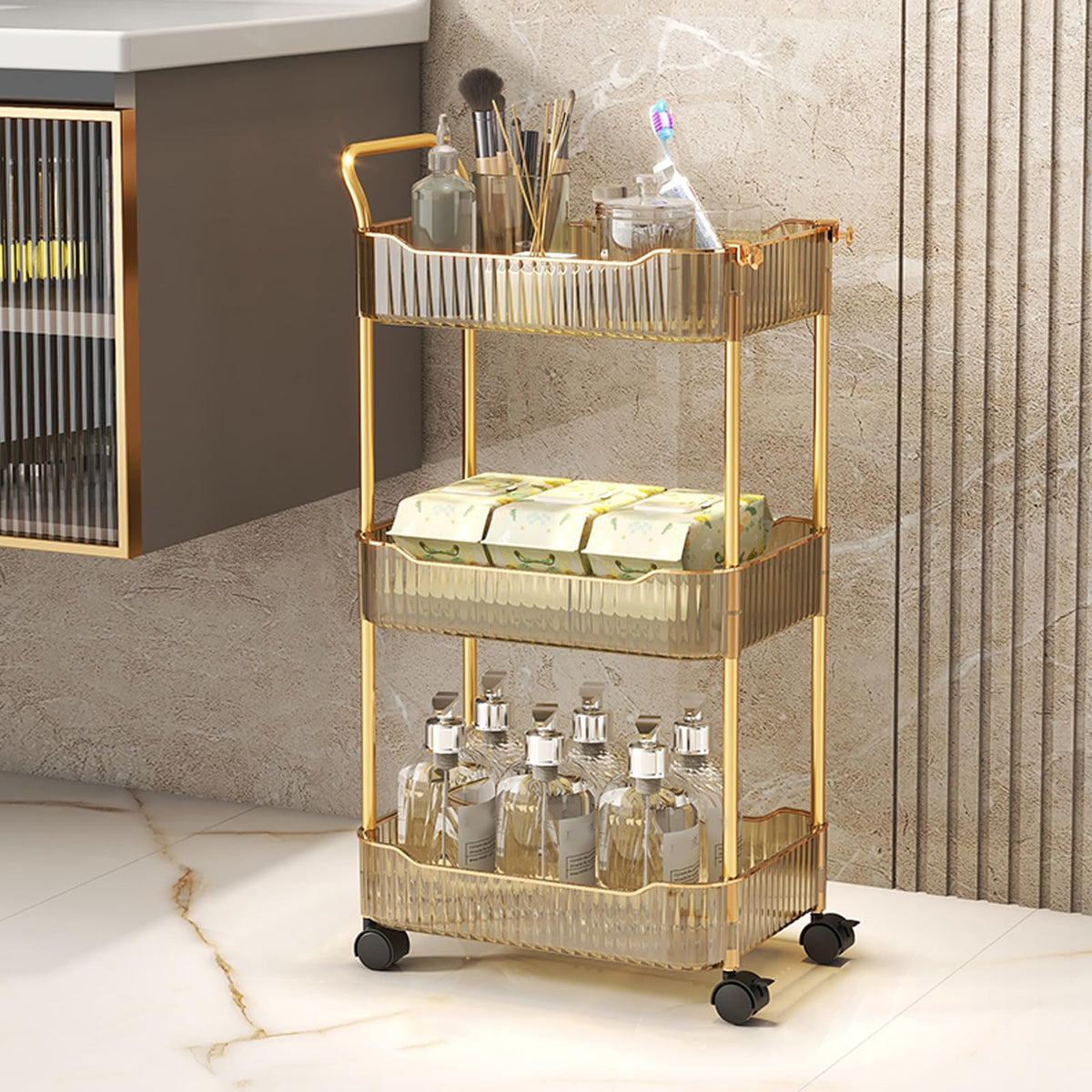 Acrylic Storage Trolley, Bathroom Kitchen Rolling Utility Cart Mobile Organization Shelves with Handle and Lockable Wheel(Gold,2 Tier)