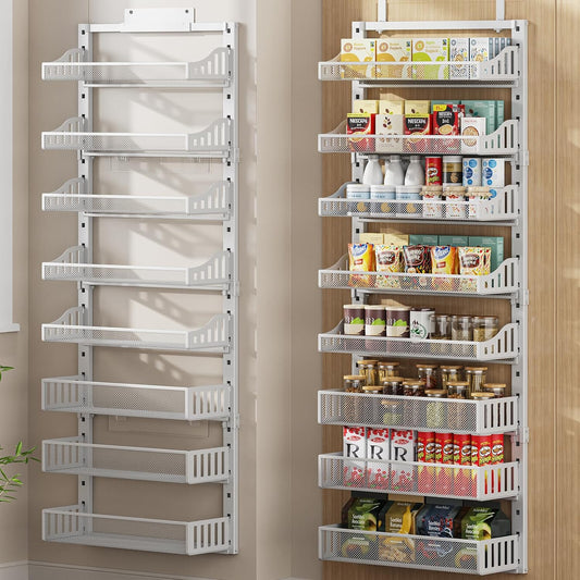 POKIPO Over the Door Pantry Organizer 8-Tier, Large Metal Door Spice Rack with Adjustable Basket, 2 in 1 Wall Mount or Hanging Heavy-Duty Pantry Door Storage Shelf for Kitchen and Bathroom, White