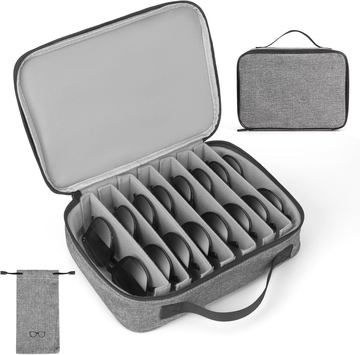 Sunglasses Travel Organizer Case for Multiple Pairs, 8 Adjustable Slots Eyeglasses Glasses Organizer Case with Soft Sunglasses Bag Pouch, Portable Sunglass Storage Box for Men and Women - Grey