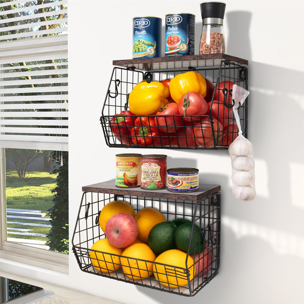 Mefirt 2pcs Fruit Basket Kitchen Storage Basket with Wood Lid