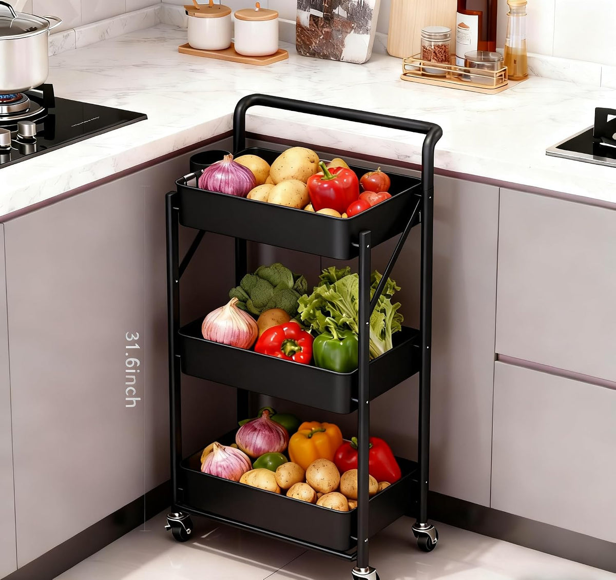 Foldable Rolling Cart 3-Tier Small Foldable Utility Storage Cart Multifunctional Metal Storage Bin Heavy Duty Organizer Carts with Rolling Wheels for Home Office (Black)