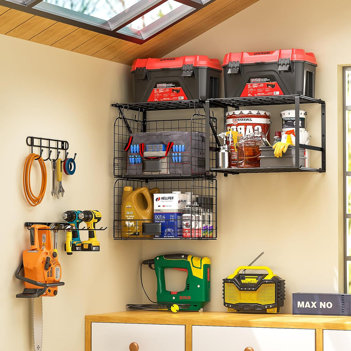 ThreeHio Garage Shelf Wall Mounted with Wire Baskets, Heavy Duty Garage Wall Shelving with Garden Tool Rack and Hooks, Wire Shelf Baskets Tool Organizer for Home Garden Yard Organization and Storage
